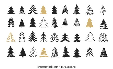 Hand drawn Christmas tree icons  Doodles   sketches    stock vector illustrations