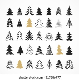 Hand Drawn Christmas Tree Icons. Doodles And Sketches