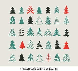 Hand Drawn Christmas Tree Icons. Doodles And Sketches