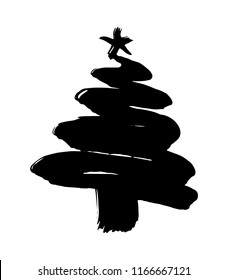 Hand drawn Christmas tree isolated on a white background. Ink vector illustration. Modern brush calligraphy.