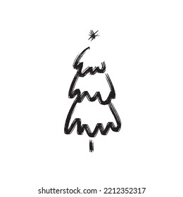 Hand drawn Christmas tree isolated on a white background. Ink vector illustration. Abstract vector line. Modern brush calligraphy.