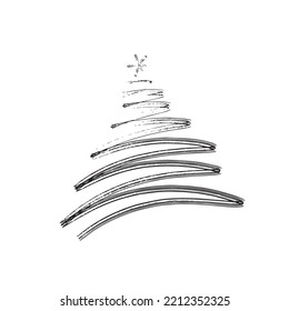 Hand drawn Christmas tree isolated on a white background. Ink vector illustration. Abstract vector line. Modern brush calligraphy.