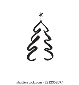 Hand drawn Christmas tree isolated on a white background. Ink vector illustration. Abstract vector line. Modern brush calligraphy.