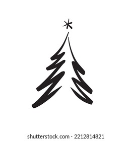 Hand drawn Christmas tree isolated white background  Ink vector illustration  Abstract vector line  Modern brush calligraphy 