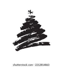 Hand drawn Christmas tree isolated on a white background. Ink vector illustration. Abstract vector line. Modern brush calligraphy.