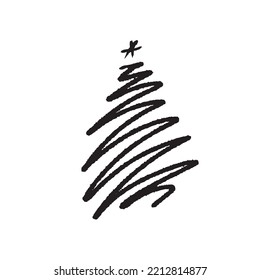 Hand drawn Christmas tree isolated on a white background. Ink vector illustration. Abstract vector line. Modern brush calligraphy.
