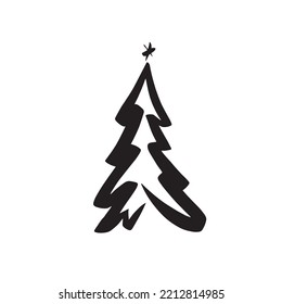 Hand drawn Christmas tree isolated on a white background. Ink vector illustration. Abstract vector line. Modern brush calligraphy.