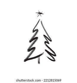 Hand drawn Christmas tree isolated on a white background. Ink vector illustration. Abstract vector line. Modern brush calligraphy.