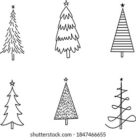 Hand Drawn Christmas Tree Line Art Icon Set for Xmas