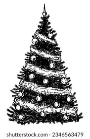 Hand drawn Christmas tree. Line art. Graphic black white New Year decor. Vector vintage illustration. Black and white. Merry christmas and a happy new year. Greeting card.