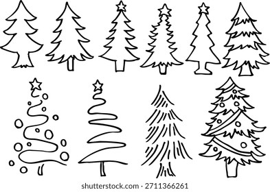 Dibujado a mano árbol de Navidad arte de línea | Simple monocromo Festiva Gráfico
