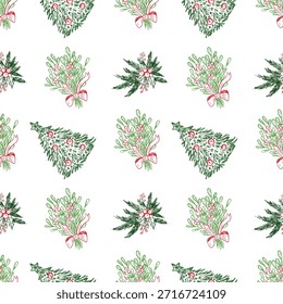 Dibujado a mano árbol de Navidad, muérdago, ramo de pino en diseño de patrón sin fisuras. Perfecto para vacaciones, papel de embalaje, textil. Ilustración de boceto de Vector en estilo vintage de carbón de crayón