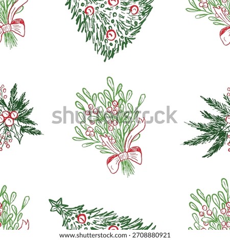 Hand drawn Christmas tree, mistletoe, pine tree bouquet seamless pattern. Perfect for holiday designs, wrapping paper, textile. Vector sketch illustration in vintage crayon charcoal style