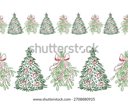 Hand drawn Christmas tree and mistletoe seamless horizontal border in red and green. Perfect for holiday designs, wrapping paper, textile. Vector sketch illustration in vintage crayon charcoal style