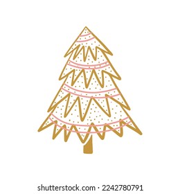 Hand drawn Christmas tree. Modern boho gold whimsical doodle illustration. 