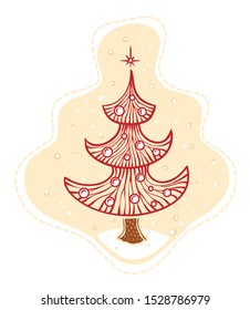 Hand drawn Christmas tree on neutral background with snow. 