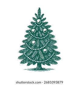Hand drawn christmas tree on white background. Retro style holiday tree from 50-60s. Vector new year element