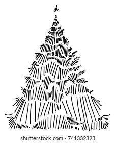 Hand drawn Christmas tree on white background. Merry Christmas. New Year. Template for greeting card, postcard.