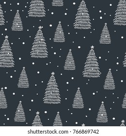 Hand Drawn Christmas Tree On Snow Background. Winter Seamless Pattern. Wrapping Paper. Vector.