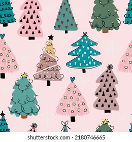hand drawn christmas tree. Pastel color seamless vector pattern. 