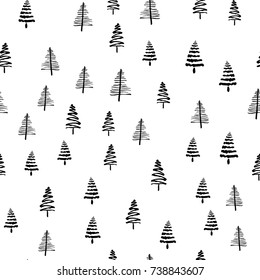 Hand drawn Christmas tree pattern. New Year ink doodle seamless background.