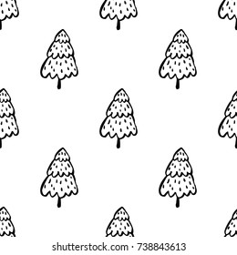 Hand drawn Christmas tree pattern. New Year ink doodle seamless background.