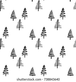 Hand drawn Christmas tree pattern. New Year ink doodle seamless background.