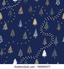 Hand drawn Christmas tree pattern. New Year ink doodle seamless background.