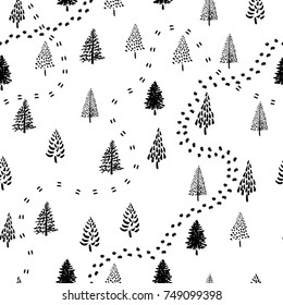 Hand drawn Christmas tree pattern. New Year ink doodle seamless background.