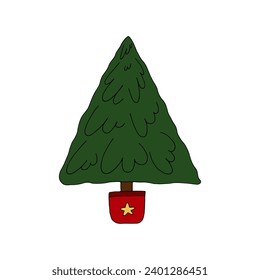 Hand drawn christmas tree in pot with star. Vector flat illustration