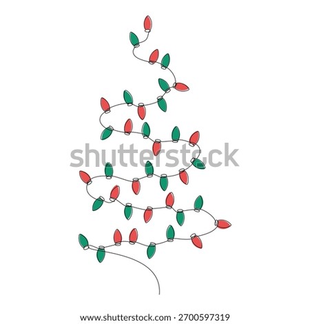 Hand drawn Christmas tree. Red and green light bulbs garland. One line continuous drawing vector. Festive ornaments illustration, print, banner, greeting card, poster, sign, symbol, holiday decor.