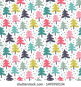 Hand drawn christmas tree seamless pattern background.