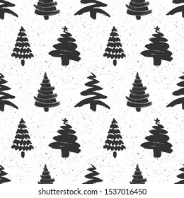 Hand drawn christmas tree seamless pattern isolated on white background. Ink vector illustration of fir tree different shapes. Modern brush calligraphy.