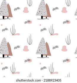 Dibujo manual del árbol de Navidad diseño de patrones sin fisuras sobre fondo blanco. Ilustración vectorial creada para tela, envoltura, textil, papel tapiz.