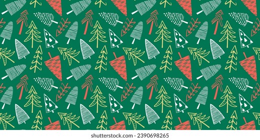 Hand drawn christmas tree seamless pattern illustration. Vintage style pine drawing background for festive xmas celebration event. Holiday nature texture print, december decoration wallpaper.