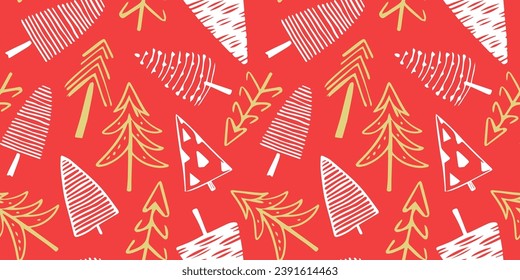 Hand drawn christmas tree seamless pattern illustration. Vintage style pine drawing background for festive xmas celebration event. Holiday nature texture print, december decoration wallpaper.