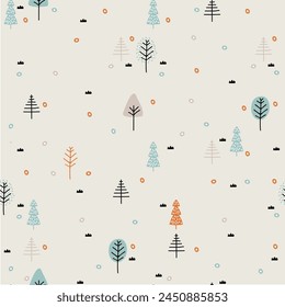 Dibujado a mano árbol de Navidad patrón sin fisuras, impresión del árbol del año Nuevo, doodle repetitivo fondo de abeto de Navidad, garabato Fondo de pantalla de bosque invernal, tela noel, diseño sin fisuras de envoltura de árbol de Navidad