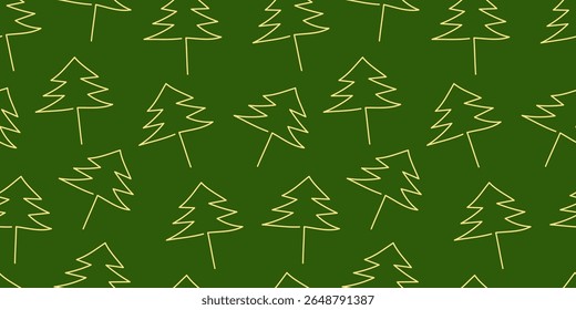 Hand drawn Christmas tree seamless pattern. Yellow trees on green background. Minimal winter holiday design for wrapping paper, textile, cards, and seasonal decor