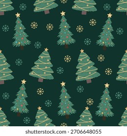 Árvore de Natal desenhada à mão sem emenda padrão vetor. Fundo de tecido e papel de embrulho bonito feriado.