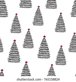 Hand drawn christmas tree seamless pattern. Vector. Wrapping paper design.