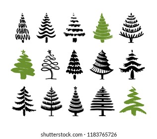 Hand drawn christmas tree set isolated on a white background. Ink vector illustration of fir tree different shapes. Modern brush calligraphy.