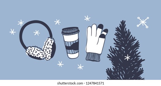 Hand drawn Christmas tree, set for rink on blue  background. Creative ink art work. Actual vector doodle drawing