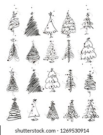 Hand drawn Christmas tree. Set of sketched illustrations of firs. Green ink and brush sketches of spruce for cards and package design. Vector elements