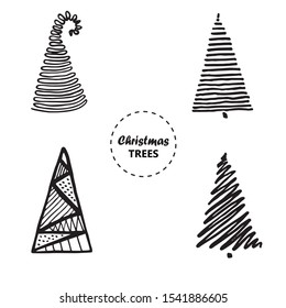 Hand drawn Christmas tree set. Doodle black and white color holiday decor. Set of fir tree. Simple line illustration - Vector