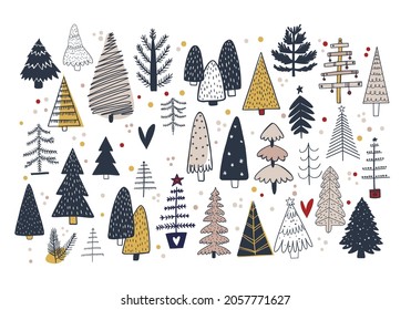 Hand drawn Christmas tree. Set of sketched illustrations of firs. Black ink and brush sketches of spruce for cards and package design. Vector elements
