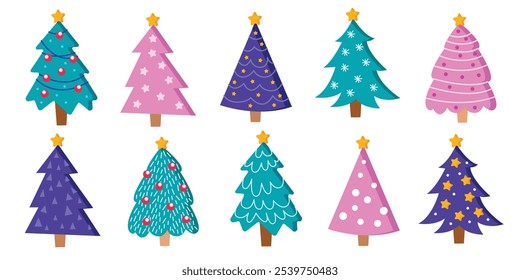 Hand drawn christmas tree set doodle collection