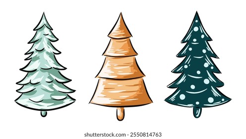 Hand drawn Christmas tree set vector illustration