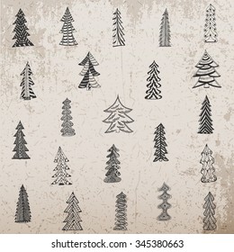 Hand drawn Christmas Tree Set on grunge Background. Vector Illustration