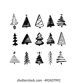 Hand drawn Christmas tree. Set of sketched illustrations of firs. Black ink and brush sketches of spruce for cards and package design. Vector elements