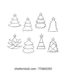 Hand drawn Christmas tree set. Vector illustration.